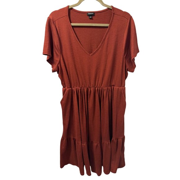 Torrid Rust Orange Ribbed Tiered V-Neck Dress Size 2X Short Sleeve Casual Dress - Picture 1 of 12